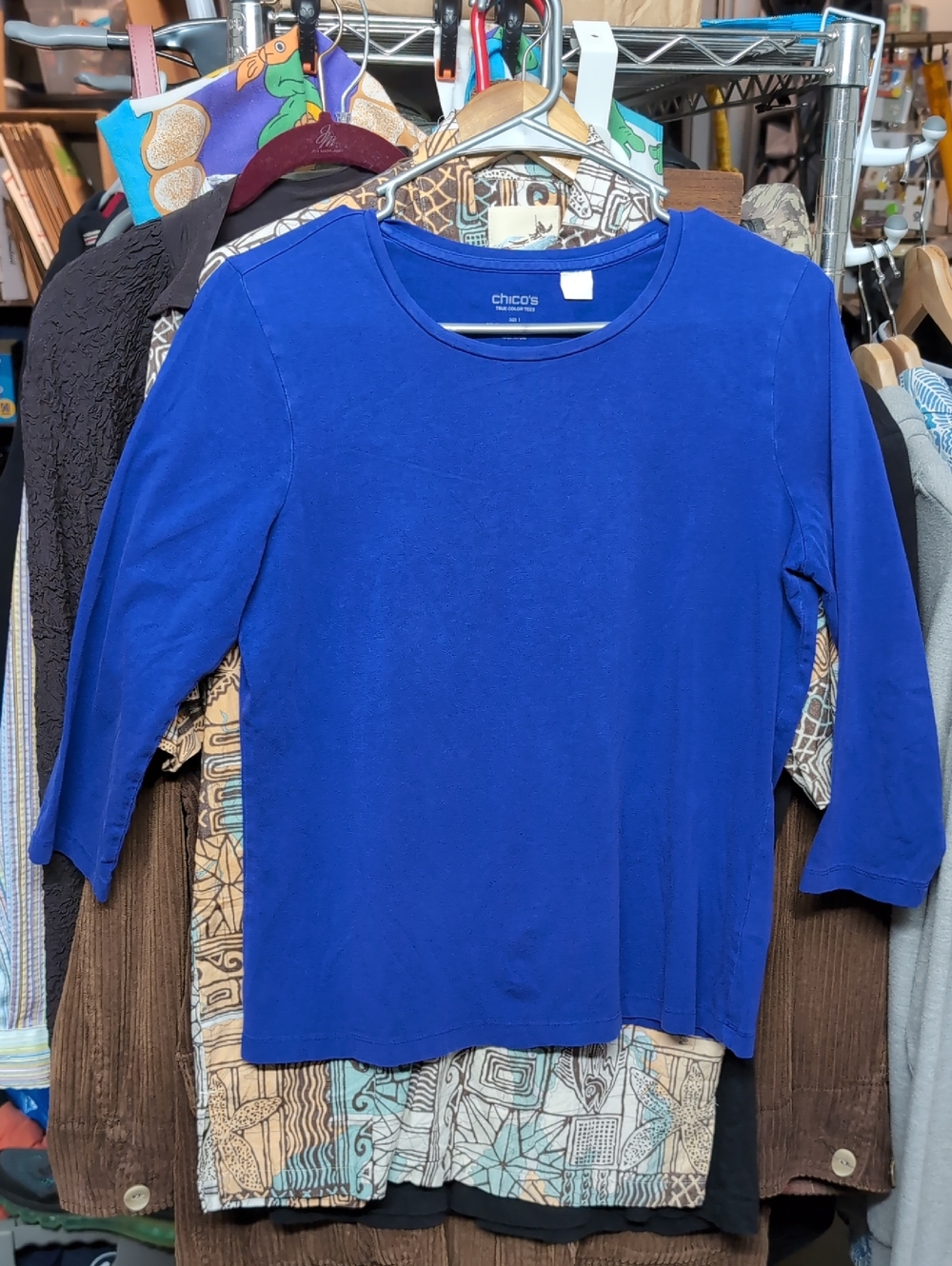Chico's Cobalt Blue 3/4 Sleeve Crewneck Top Sz 1 (M) Vtg